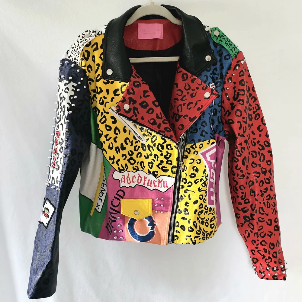 Azalea Wang Patchwork Moto Jacket Studded Graphic Leopard 1X - Picture 3 of 9